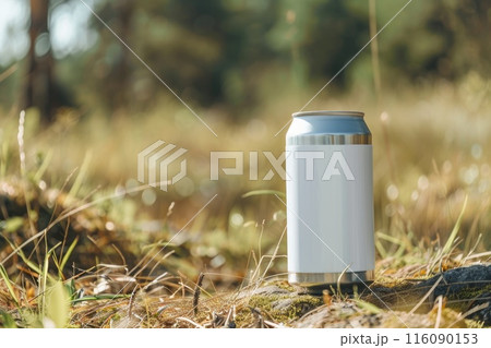 Eco-Friendly Beverage Can in Sunlit Forest Natural Setting Eco-Friendly Beverage Can in Sunlit Forest Natural Setting 116090153