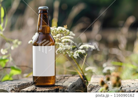 Cold Beer Bottle with Blank Label on Rustic Wooden Surface in Nature 116090162