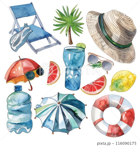 Vibrant Summer Vibes: Watercolor Elements with Tropical Fruits and Beach Accessories 116090175