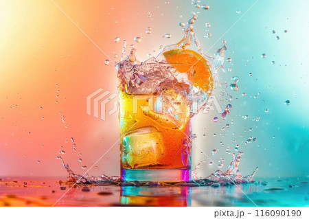 Vibrant Cocktail Splash in Glass Against Colorful Backdrop 116090190