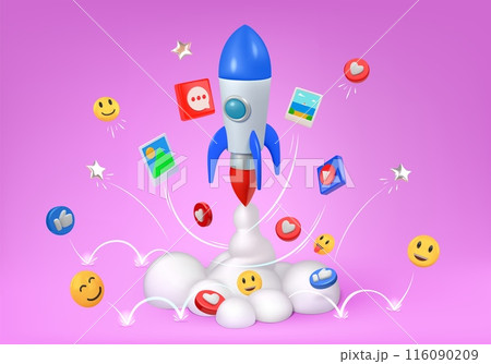 3d rocket. Social media icon of business technology, marketing and communication internet banner . Isolated render glossy elements. Spaceship launching. Promotion vector cartoon illustration 116090209