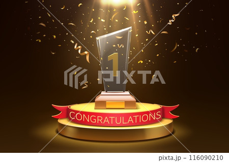 Gold award. Winner trophy. Golden prize on winning podium. Number 1 medal. Confetti for celebrate ceremony. Glass reward. Competition success. Leader achievement. Vector victory banner 116090210