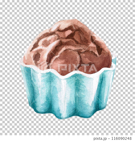 Cupcake in a ceramic baking tin in watercolor illustration on a white background. Hand-drawn illustration for kitchenware stores, recipes, invitations, master class announcements. Cupcake in a ceramic baking tin in watercolor illustration on a white background. Hand-drawn illustration for kitchenware stores, recipes, invitations, master class announcements. 116090248