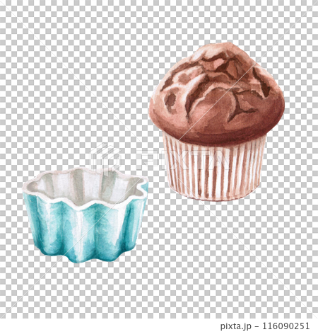 Ceramic muffin tin and cupcake in watercolor illustration on a white background. Hand-drawn illustration for kitchenware stores, invitations, cooking class announcements, magazines. 116090251