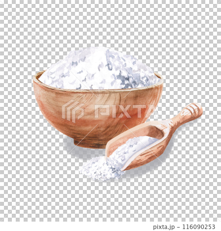 Wooden cup with salt in watercolor illustration on a white background. Hand-drawn medical illustration of mice, salt, mushrooms for culinary books, spa advertisements, baths, saunas, cosmetic salons 116090253