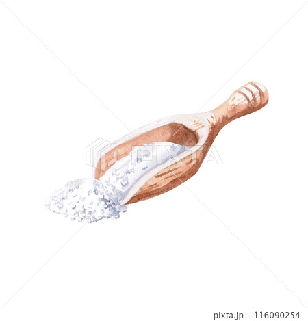 Wooden cup with salt in watercolor illustration on a white background. Hand drawn scoop illustration for cookbooks, advertisements for spas, hammams, baths, physiotherapeutic saunas, beauty salons. 116090254