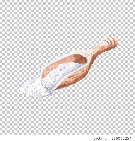 Wooden cup with salt in watercolor illustration on a white background. Hand drawn scoop illustration for cookbooks, advertisements for spas, hammams, baths, physiotherapeutic saunas, beauty salons. 116090254