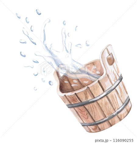Wooden bucket for baths and water splashes in watercolor illustration on a white background. Detailed l illustration for advertising spa, hamam, Turkish bath, Finnish sauna, cosmetic salons. 116090255