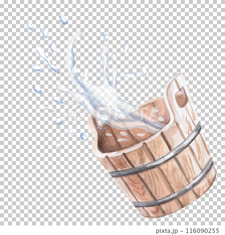 Wooden bucket for baths and water splashes in watercolor illustration on a white background. Detailed l illustration for advertising spa, hamam, Turkish bath, Finnish sauna, cosmetic salons. 116090255