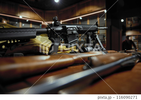 Machine gun, rifle arsenal presentation at weapon store 116090271