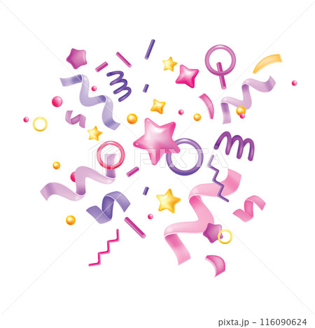 3D party confetti icon, vector holiday surprise serpentine, plastic stars, festive flying ribbon.  116090624
