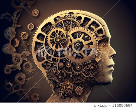 Accumulation of gears in the human head. Abstract elements as a metaphor on the subject of intelligence, logical thinking, mental processes and brain power. Created with generative AI tools 116090694