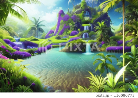 The Garden of Eden. Plants and nature in a heavenly place. A view of paradise. Created with generative AI tools 116090773