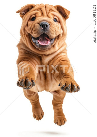 Chinese Shar-Pei dog Jumping and remaining in mid-air, studio lighting, isolated on white background, stock photographic style 116091121