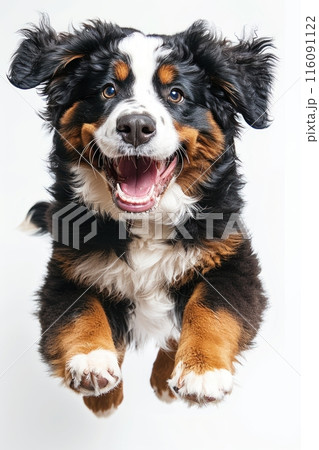 Bernese Mountain Dog dog Jumping and remaining in mid-air, studio lighting, isolated on white background, stock photographic style 116091122