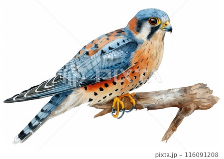 American kestrel,  Pastel-colored, in hand-drawn style, watercolor, isolated on white background 116091208
