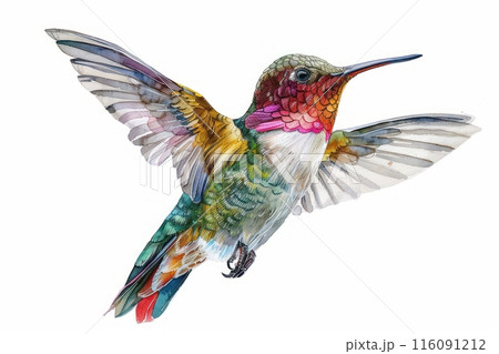 Annas hummingbird,  Pastel-colored, in hand-drawn style, watercolor, isolated on white background 116091212