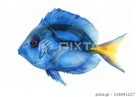 Blue tang,  Pastel-colored, in hand-drawn style, watercolor, isolated on white background Blue tang,  Pastel-colored, in hand-drawn style, watercolor, isolated on white background 116091227