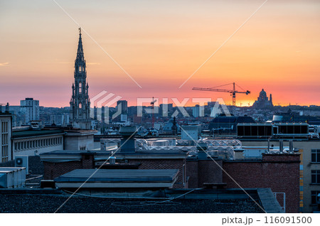 Brussels Old Town, Belgium - Golden hour cityscape with the town hall tower and rooftops 116091500