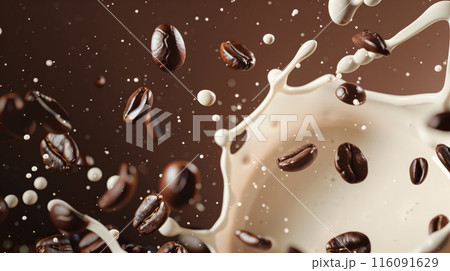 High quality photo capturing the dynamic splash of milk and coffee beans in mid-air, perfect for representing the energy of coffee and the smoothness of milk in a visually appealing composition 116091629