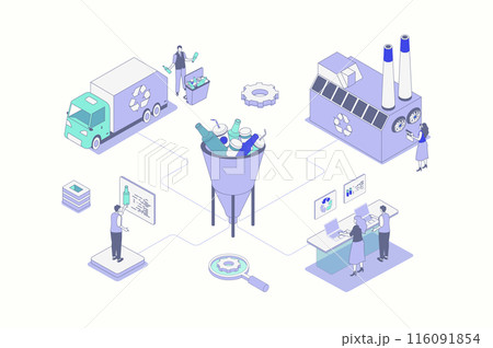 Waste management isometric concept in outline isometry design for web. People collecting disposal garbage, reduce plastic using, separating garbage for recycling factory process. Vector illustration. 116091854