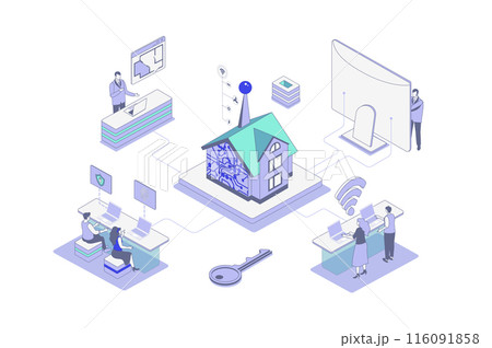 Smart home isometric concept in outline isometry design for web. People monitoring and controlling security systems, surveillance cameras, appliance and other sensors in house. Vector illustration. 116091858