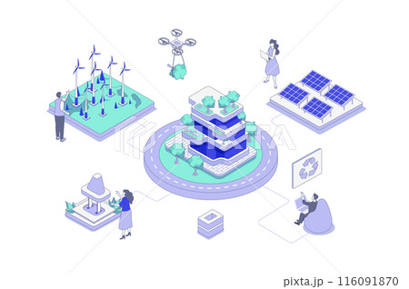 Green city isometric concept in outline isometry design for web. People monitoring and managing alternative energy sources and eco friendly infrastructure in smart city system. Vector illustration. 116091870