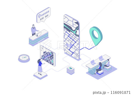 GPS navigation isometric concept in outline isometry design for web. People using map navigation system with pointer and road traffic, tracking route online in mobile app screen. Vector illustration. 116091871