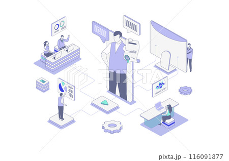 Coaching isometric concept in outline isometry design for web. People training with business coach at lecture for company employees, improves sales performance with trainer. Vector illustration. 116091877