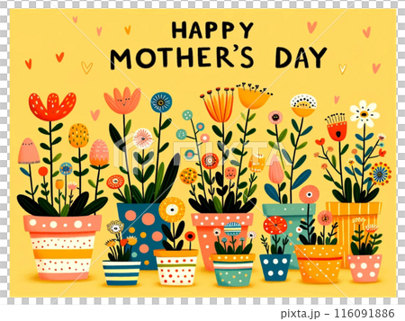Yellow Mother's Day card with pop art potted flower illustration and Happy Mother's Day message 116091886