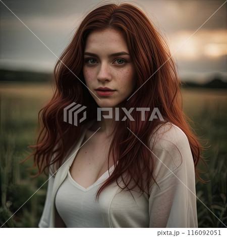 A woman with crimson hair stands in front of the vibrant rainbow A woman with crimson hair stands in front of the vibrant rainbow 116092051