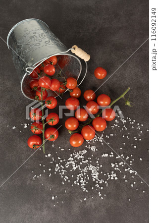 The tomatoes spilled out of the bucket. 116092149