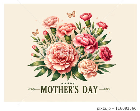 母の日のカード、ピンクのカーネーションのイラストとHappy Mother's Dayのメッセージ 母の日のカード、ピンクのカーネーションのイラストとHappy Mother's Dayのメッセージ 116092360
