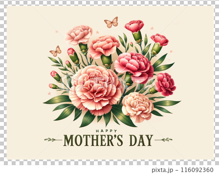 母の日のカード、ピンクのカーネーションのイラストとHappy Mother's Dayのメッセージ 母の日のカード、ピンクのカーネーションのイラストとHappy Mother's Dayのメッセージ 116092360
