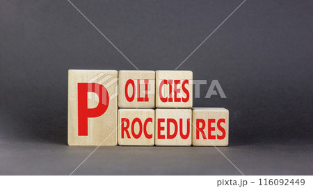 Policies and procedures symbol. Concept words Policies Procedures on beautiful wooden cubes. Beautiful black background. Business policies and procedures concept. Copy space. 116092449