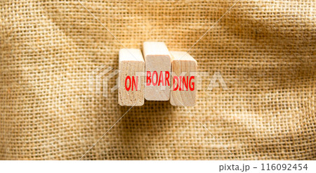 Onboarding success symbol. Concept word Onboarding on beautiful wooden blocks. Beautiful canvas background. Business onboarding success concept. Copy space. 116092454