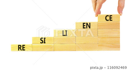 Resilience symbol. Concept word Resilience on beautiful wooden blocks. Businessman hand. Beautiful white background. Business resilience concept. Copy space. Resilience symbol. Concept word Resilience on beautiful wooden blocks. Businessman hand. Beautiful white background. Business resilience concept. Copy space. 116092469