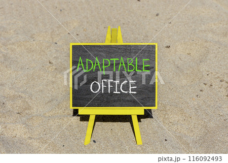 Adaptable office symbol. Concept words Adaptable office on beautiful yellow blackboard. Beautiful sand beach background. Business Adaptable office concept. Copy space. Adaptable office symbol. Concept words Adaptable office on beautiful yellow blackboard. Beautiful sand beach background. Business Adaptable office concept. Copy space. 116092493