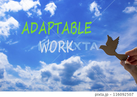 Adaptable work symbol. Concept words Adaptable work on beautiful sky. Beautiful blue sky cloud background. Businessman hand with wooden bird. Business Adaptable work concept. Copy space. 116092507