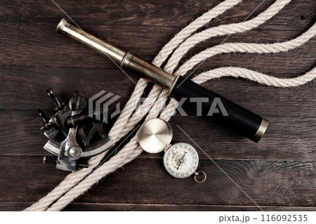 vintage naval spyglass telescope with sextant and compass vintage naval spyglass telescope with sextant and compass 116092535