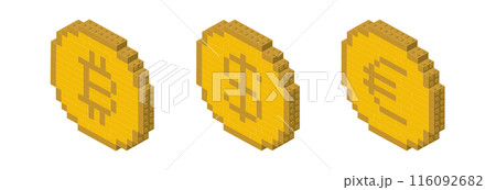 Set of bitcoin, dollar and euro coins in isometry. Vector 116092682