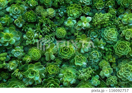 Collection of small decorative succulents, top view. 116092757