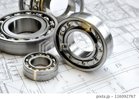 Ball bearings on white technical drawing 116092767
