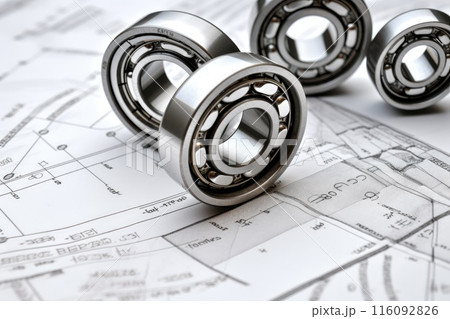 Ball bearings on white technical drawing 116092826