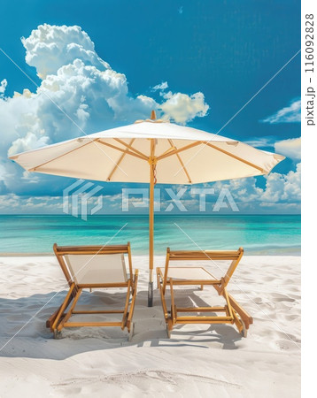 Beach chairs and umbrella on a white sandy beach. 116092828