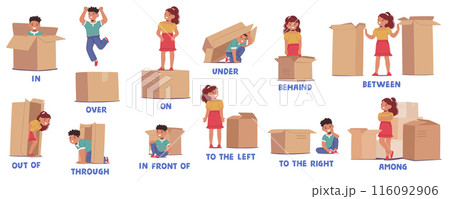 Cute Cartoon Kids Demonstrating English Prepositions Of Place Using Boxes. Educational Vector Illustration 116092906