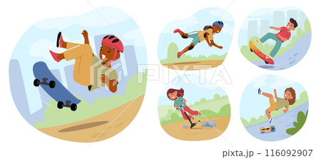 Set Of Children Falling During Various Outdoor Activities Such As Skateboarding, Scootering, And Using Hoverboards 116092907