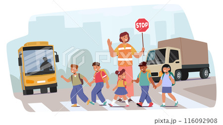 Group Of Cartoon Children Crossing The Street With A Crossing Guard Holding A Stop Sign, Vector Scene 116092908