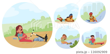 Children Experiencing Falling Accidents While Playing Outdoors. Vector Images Show Kids Tripping And Falling Off Bikes Children Experiencing Falling Accidents While Playing Outdoors. Vector Images Show Kids Tripping And Falling Off Bikes 116092909