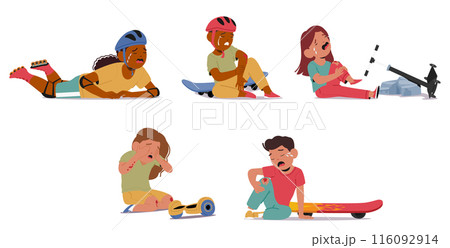 Children Experiencing Injuries From Accidents Involving Rollerblades, Skateboards, Scooters And Hoverboards Vector Image 116092914